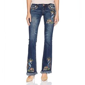 Grace in LA | Dark Blue Flare Jeans with Floral & Bird Embroidery